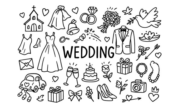 Hand drawn wedding doodles set: dresses, rings, and celebration icons