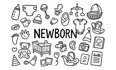 Adorable baby essentials in doodle style: perfect for new parents