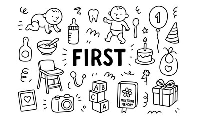 Fototapeta na wymiar First year baby milestones doodle set: hand drawn icons for celebrating early childhood