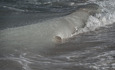 Natural phenomenon. Grease ice and slush. Temperature is minus nine degrees Salty sea freezes in...