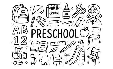 Preschool essentials: doodle art depicting classroom supplies and activities
