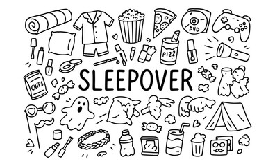 Sleepover fun doodles: pajamas, snacks, and games in simple black and white style