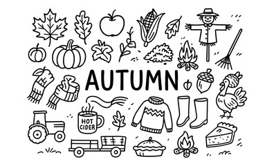 Obraz premium Autumn doodle set with seasonal icons and cozy elements