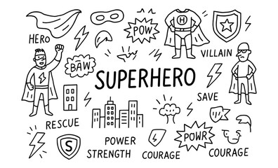 Playful doodle style superhero elements and comic icons collection