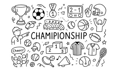 Sports championship doodles: trophies, teams, and fans celebrating victory