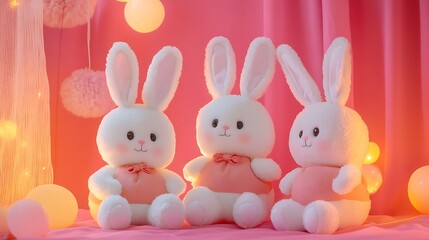 Obraz premium Adorable plush toys in bunny outfits set against a vibrant pink backdrop featuring warm lighting and playful details