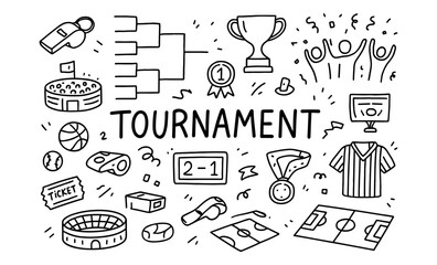 Hand drawn sports tournament doodles with trophy and whistle