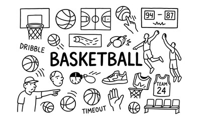 Basketball doodle collection: courts, players, and game elements in hand-drawn style
