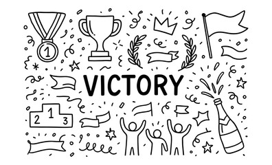 Celebration and achievement doodle with trophies and symbols