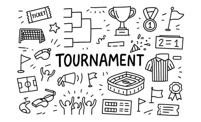 Naklejka na ściany i meble Doodle style tournament icons featuring sports equipment, trophies, and stadiums