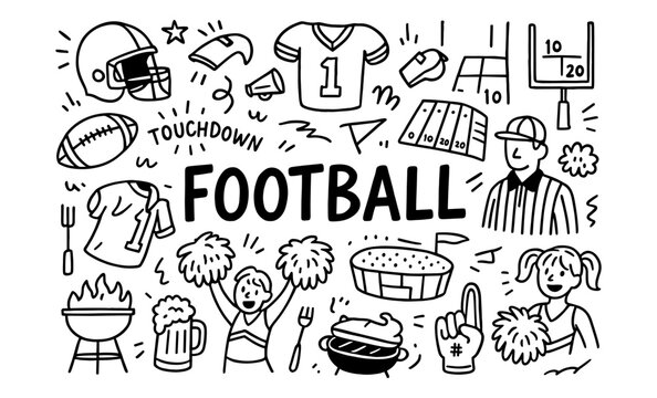 Hand drawn football doodles with touchdown and cheerleader elements