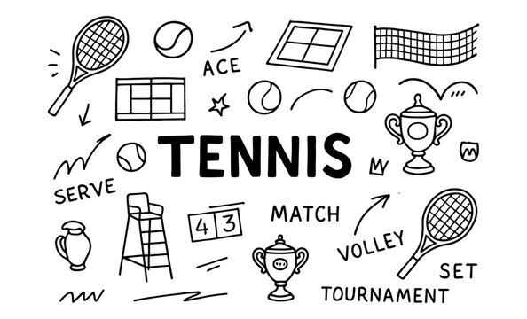 Hand drawn tennis elements with rackets, net, and trophies in doodle style