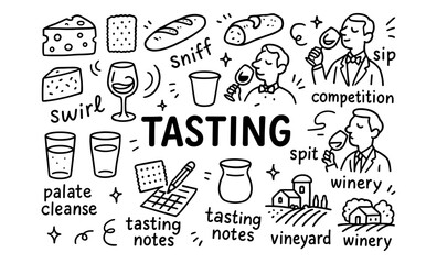 Wine tasting experience: tips and techniques illustrated in doodle style