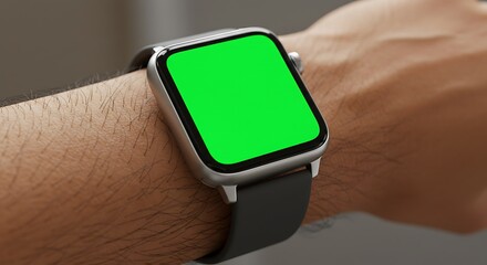 A close-up view of a person wearing a modern smartwatch with a blank green screen, perfect for application mockups and technology concepts.