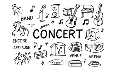 Naklejka na ściany i meble Hand-drawn concert elements with music instruments and venue icons