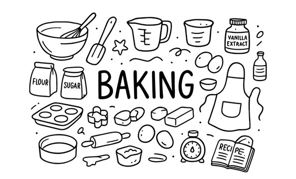 Hand-drawn baking elements with ingredients and utensils for creative kitchen designs