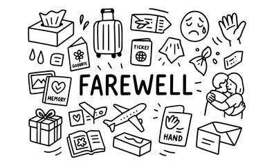 Farewell journey doodle art: emotional symbols of departure in hand drawn style