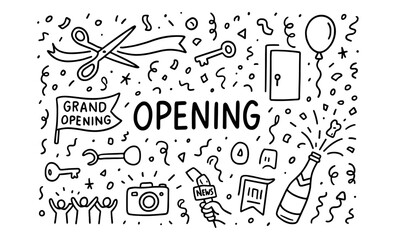 Flat grand opening celebration with doodles of keys, ribbon cutting, and confetti