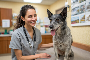 dedicated animal technician carefully examines friendly dog in cozy veterinary clinic showcasing importance of
