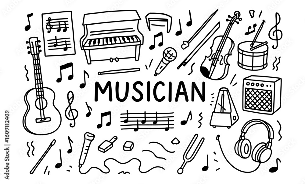 Poster musical instruments and notes in doodle style for creative projects
