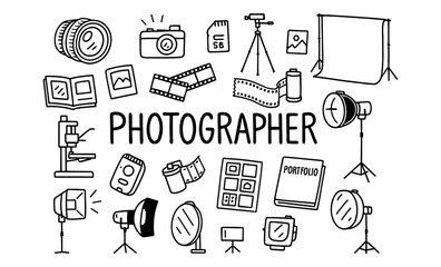 Photography elements doodle set: cameras, lenses, lighting, and equipment