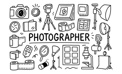 Hand-drawn photography equipment icons with doodles for creative projects