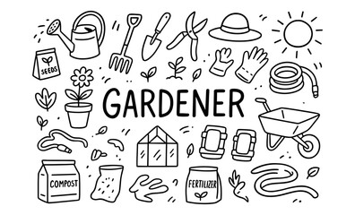 Gardening tools and supplies: hand-drawn doodle collection