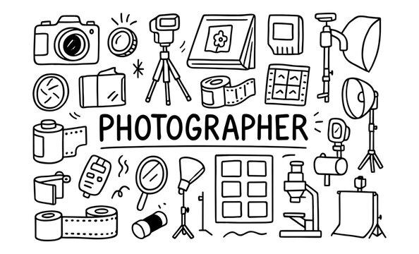 Hand-drawn photography equipment icons with doodles for creative projects