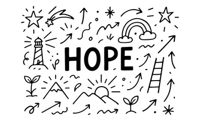 Hope inspirational doodle art with positive symbols for motivation and growth