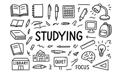 Studying essentials: doodle style education tools and icons for focus and productivity