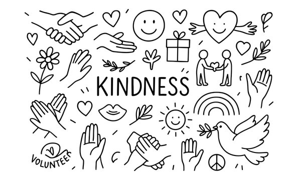 Kindness symbols and hand-drawn doodles with hearts and peace signs