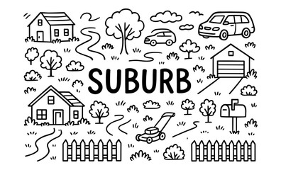 Charming suburb design with houses, trees, and cars in linear style