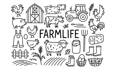 Farm life doodle collection: animals, barn, tractor, and rustic farm elements in black and white