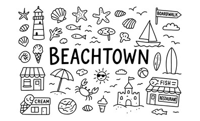 Beach town doodles: summer icons with lighthouse, ice cream, sandcastle, and more