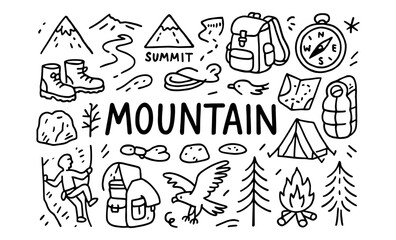 Adventure icons featuring hiking, camping, and nature elements in a hand-drawn style