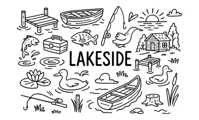 Plakat Lakeside doodle collection: charming nature and fishing elements