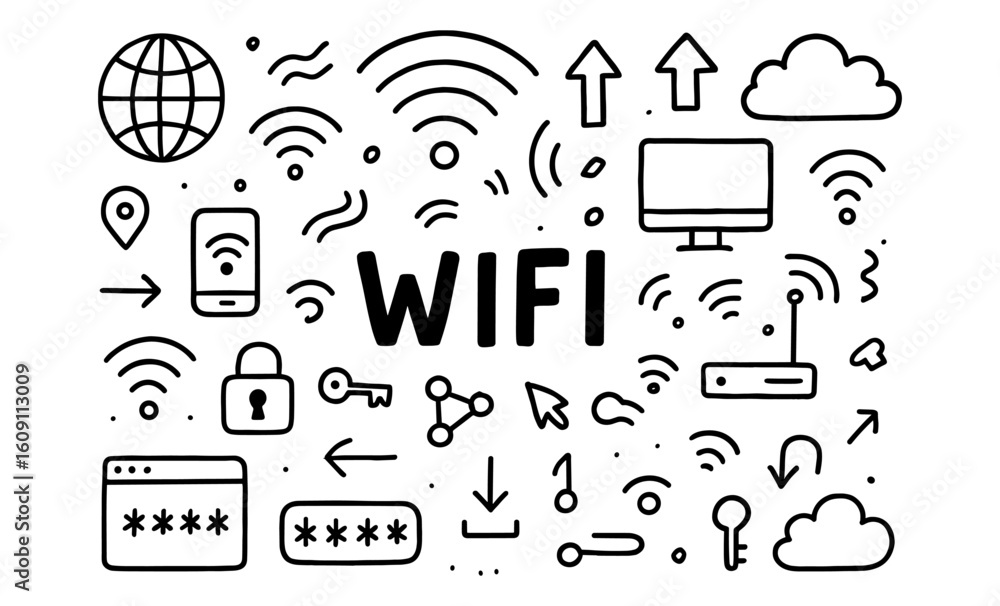 Poster seamless connection: modern wifi and network themed icons in linear style