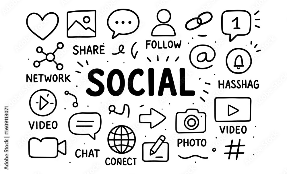 Poster hand drawn social media icons with communication and networking elements