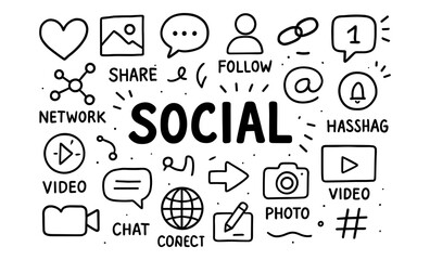 Hand drawn social media icons with communication and networking elements