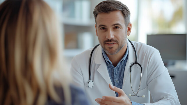 Doctor in white coat discussing health with patient in office, conveying professionalism and care - Powered by Adobe