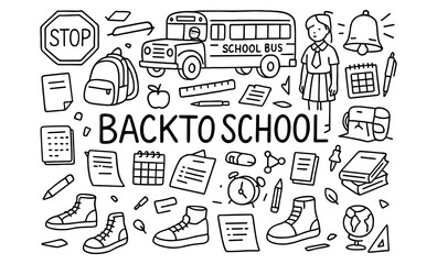 Back to school doodle art with school supplies and kids