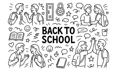 Back to school doodle art with students and educational icons in black and white
