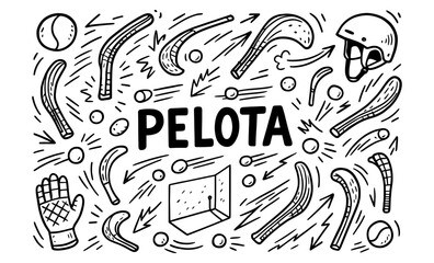 Hand-drawn pelota elements with bats, balls, and helmet for sports design