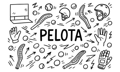 Doodle style pelota sports equipment with sticks, balls, helmets, and gloves