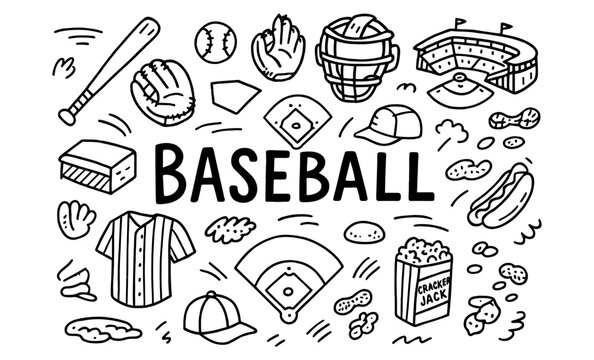 Hand-drawn baseball elements with doodles of equipment and snacks