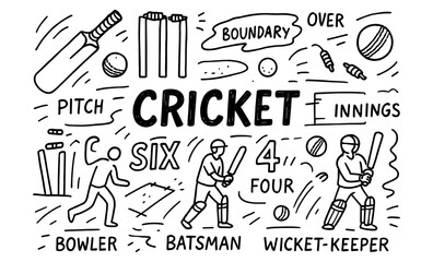 Hand-drawn cricket elements with players and equipment on field
