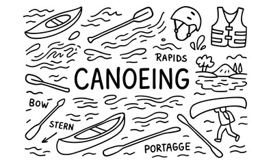 Fototapeta premium Canoeing essentials doodle set featuring kayaks, paddles, rapids, and safety gear