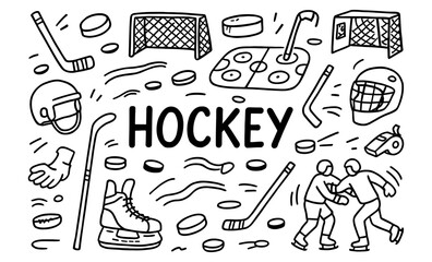 Naklejka na ściany i meble Hand drawn hockey icons set: equipment, rink, action, and pucks