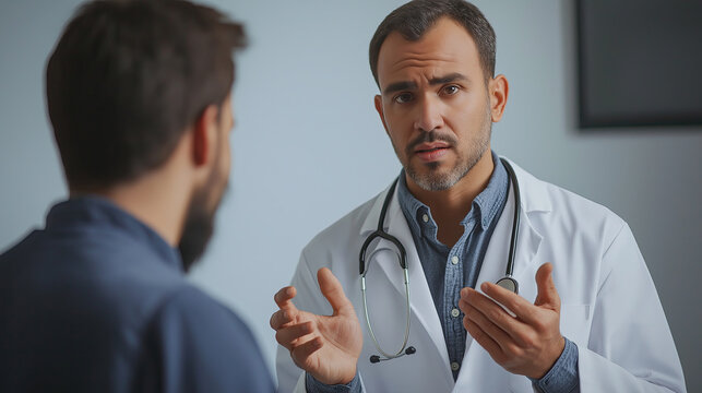 Doctor in white coat discusses health concerns with patient in medical office, conveying empathy and professionalism