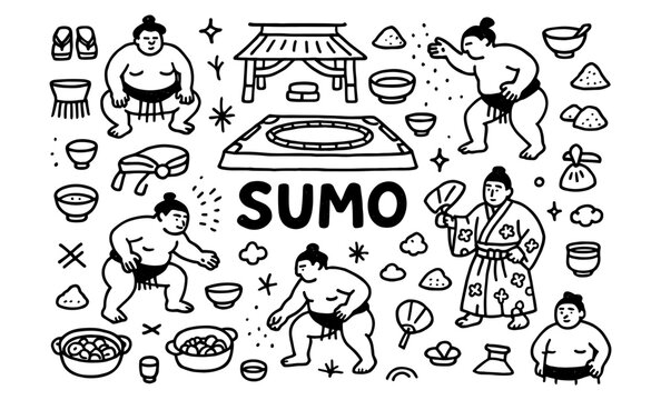 Playful sumo doodle art: cartoon wrestlers and japanese culture elements